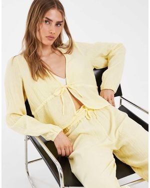 Pieces Crinkled Cotton Tie Front Long Sleeve Top - Natural