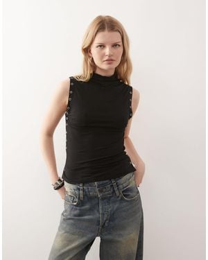 Weekday Mock Neck Sleeveless Top With Side Button Detailing - Black