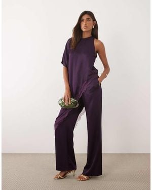 Mango Yazmin Round Neck Half Sleeve Asymmetric Lace Detailed Satin Top - Purple