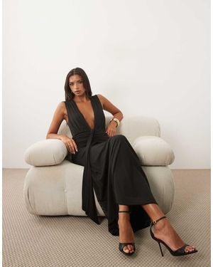 ASOS Mesh Deep V Neck Maxi Dress With Waist Wrap Detail - Black