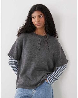 Collusion Jersey Extragrande Con Cuello Panadero Y Diseño Efecto 2 En 1 De Mangas A Rayas De Punto De -Negro - Gris