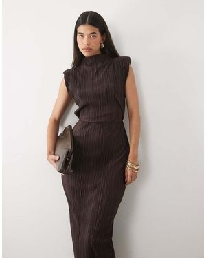 ASOS Plisse High Neck Column Maxi Dress With Shoulder Pads - Brown