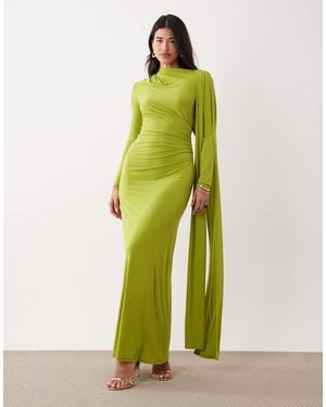 DASKA One Shoulder Cape Maxi Dress - Green