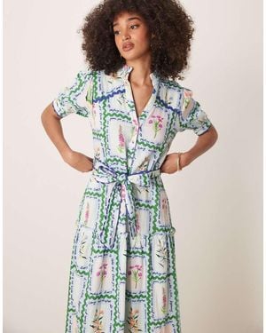 Hope & Ivy Vestido Midi Con Falda Escalonada, Lazada En La Cintura Y Botones Delanteros De -Azul