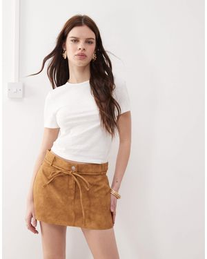 Monki Monk Western Faux Suede Low Waist Mini Skirt With Tie Waist Detail - White