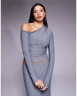 Kaiia Exclusive Premium Cotton Touch Slinky Off Shoulder Long Sleeve Top Co-ord - Purple