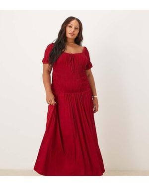 ASOS Asos Design Curve Crinkle Shirred Waist Milkmaid Puff Sleeve Tea Dress