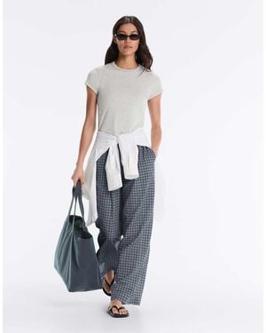 Oysho Check Cotton Blend Wide-Leg Trousers - White