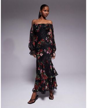 ASOS Bardot Ruffle Maxi Dress With Tiered Godets And Blouson Sleeves - Blue