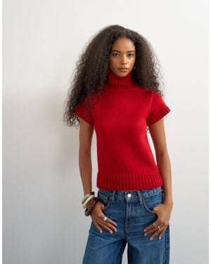 TOPSHOP Knitted Ribbed Funnel Neck Chunky Short Sleeve Top - Red