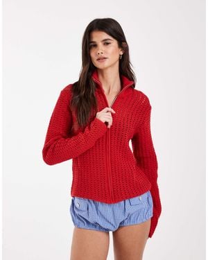 ASOS Crochet Knit Funnel Neck Zip Up Jacket - Red