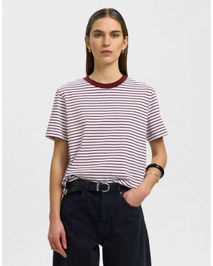 SELECTED Essential gestreiftes, geripptes denim-t-shirt im kastigen schnitt mit rundhalsausschnitt und kurzen ärmeln - Weiß