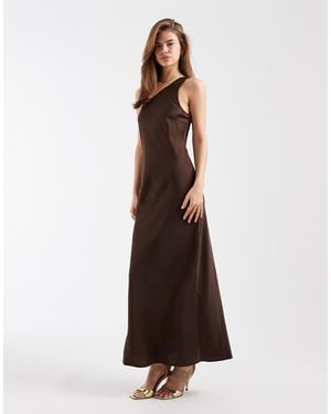 Object One Shoulder Satin Maxi Dress - Brown