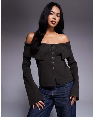 Kaiia Exclusive Ribbed Foldover Bardot Knitted Button Detail Flare Sleeve Jumper - Black