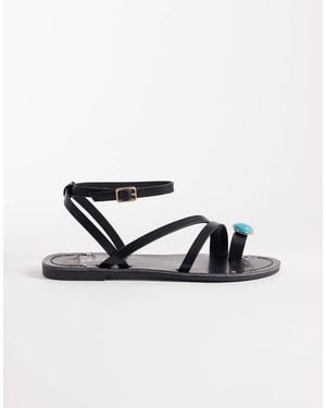 SEQWL Sandalias Negras Planas Con Diseño De Tiras Y Adornos En El Dedo De - Blanco