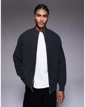 ASOS Oversized Knitted Zip Through Funnel Neck Cardigan - Grey