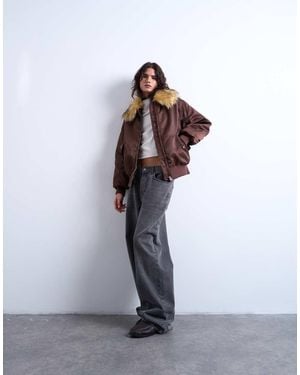 TOPSHOP Nylon Bomber Jacket With A Faux Fur Collar - Brown