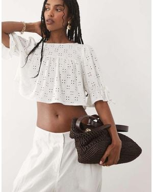 Miss Selfridge Textured Babydoll Top With Picot Trim - White