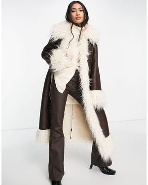 TOPSHOP Faux Suede & Fur Trim Long Coat - Brown