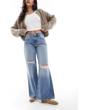 Dr. Denim Rhue Low Waist Wide Leg Flare Jeans With Rips - Blue