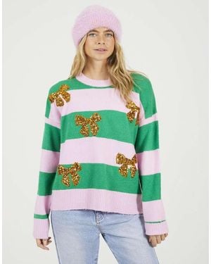 Brave Soul Sequin Bow Stripe Christmas Jumper - Green
