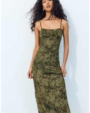 Stradivarius Flocked Midi Strap Dress - Green