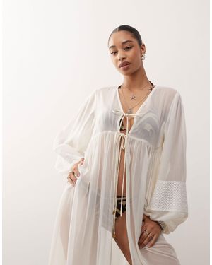 Reclaimed (vintage) Beach Kimono Cover Up With Lace And Crochet Panels - Natural