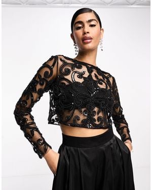 A Star Is Born Embellished Sheer Mesh Long Sleeve Crop Top - Black