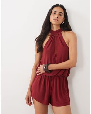 Miss Selfridge Keyhole Playsuit With Picot Trim - Red
