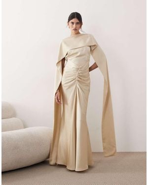 ARRANGE Pleated Waist High-neck Back-drape Satin Maxi Dress - Natural
