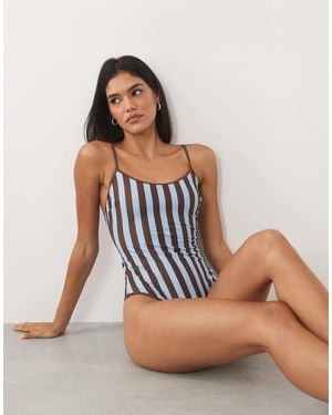 ASOS Ellie badeanzug mit eckigem ausschnitt und trägern mit kontraststreifen - Braun