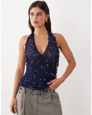 ASOS Wrap Front Halter Neck Top With Beaded Fringing - Blue