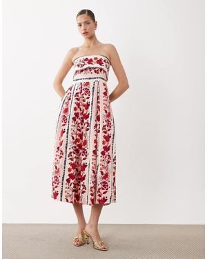 Hope & Ivy Vestito Midi A Fascia Senza Spalline Con Pannello A Fiori A Contrasto Con Stampa - Bianco