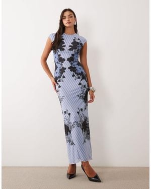 AFRM Mylo mesh-maxikleid mit rundhalsausschnitt, kappenärmeln und em rosenprint - Blau
