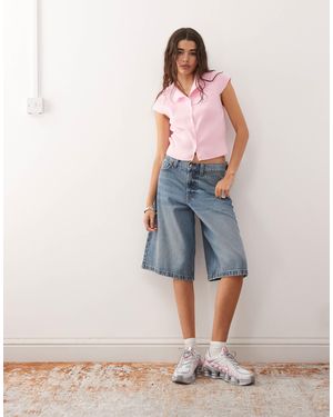 Collusion Knitted Rib Button Through Top - Pink