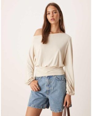 ASOS Cupro Off Shoulder Long Sleeve Top-no Colour - Blue