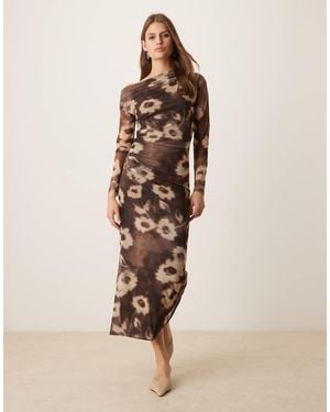 Mango Vestido Midi De Manga Larga Con Diseño Asimétrico Y Estampado Floral Difuminado De - Neutro