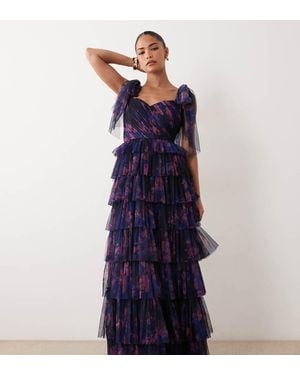 LACE & BEADS Bridesmaid Bow Shoulder Tulle Tiered Maxi Dress - Blue