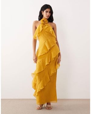 Pretty Lavish Corsage Halter Neck Asymmetric Tiered Ruffle Maxi Dress - Metallic