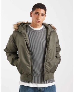 Hollister Chaqueta Verde De Estilo Militar De Tejido Grueso Con Capucha De Piel Sintética De - Gris