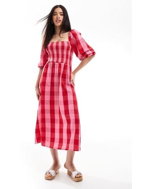 New Look Check Long Sleeve Midi Dress - Red