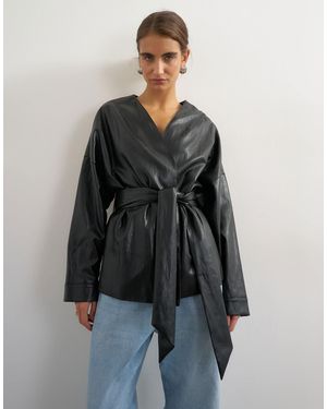 TOPSHOP Faux Leather Wrap Tie Detail Top - Black