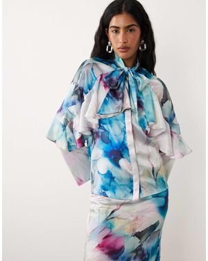 Iyal Satin Long Sleeved Bow Detail Blouse Co-Ord Watercolor Floral Print - Blue