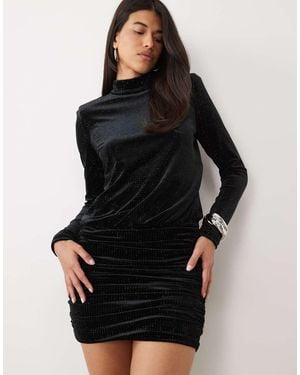 Ruched & Ready Velvet Hotfix High Neck Shoulder Pad Blouson Waist Mini Dress - Black