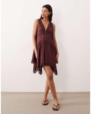 Miss Selfridge Boho Satin Lace Insert Hanky Hem Mini Dress - Brown