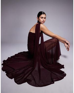 TFNC London Bandeau Ruched Scarf Detail Sheer Hem Maxi Dress - Purple