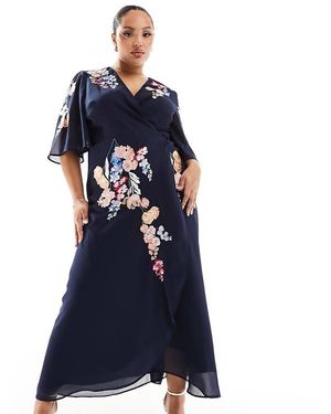 Hope & Ivy Plus Vestito Midi Con Manica Con Volant E Ricami - Blu