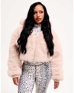 Juicy Couture Zip Through Pom Pom Hooded Fur Jacket - White