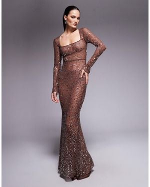 Oh Polly Long Sleeve Bodycon Hot Fix Embellished Maxi Dress - Purple
