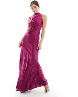 TFNC London Bridesmaids Asymmetric High Neck Satin Maxi Dress - Purple